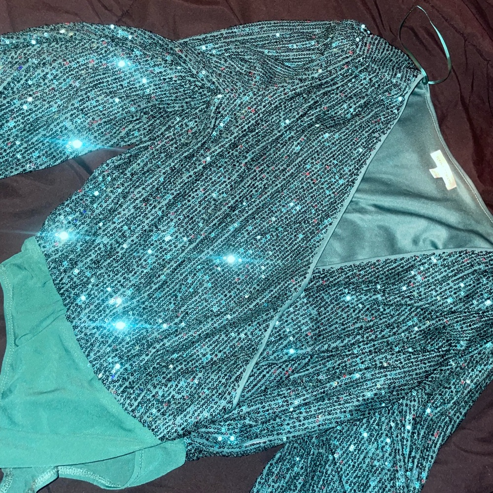 Green sequin v cut body suit